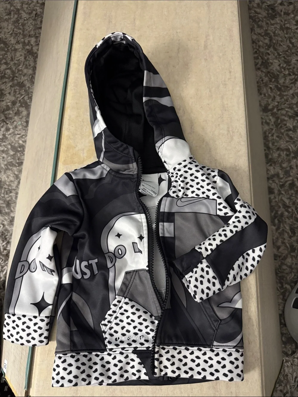 Nike Therma-FIT Full-Zip Hoodie Jacket Black White Print Baby Size 12M